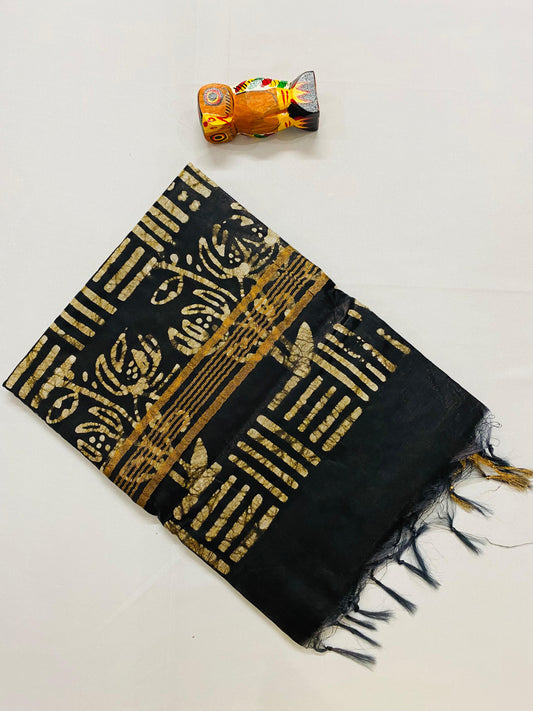 Semi Ghicha Tussar Batik Print Saree - Dark Brown