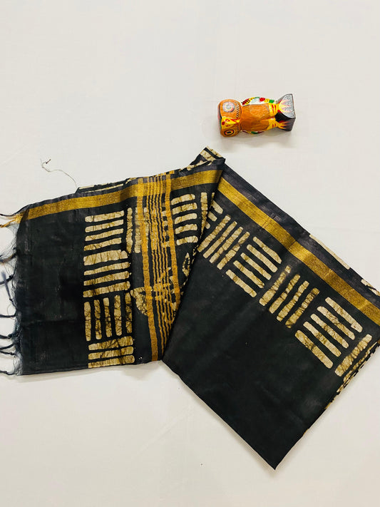 Semi Ghicha Tussar Batik Print Saree - Dark Brown