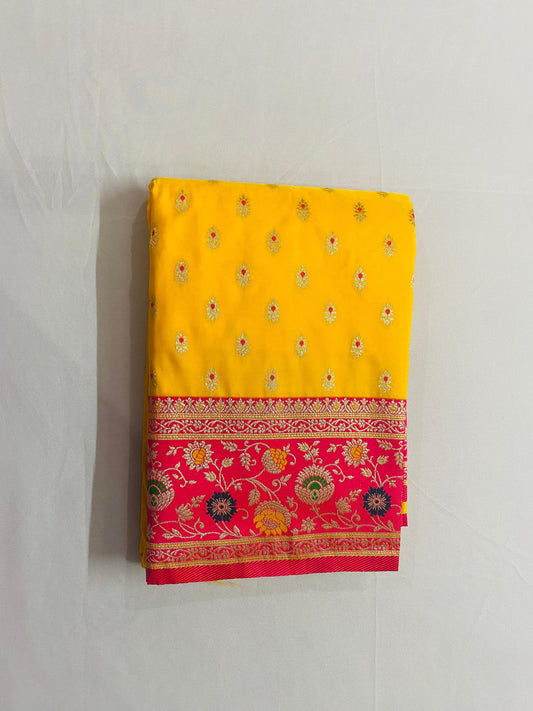 Minakari Katan Silk Saree: Yellow & Magenta