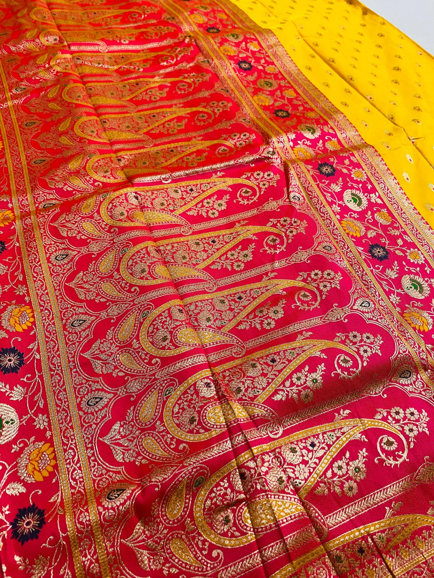 Minakari Katan Silk Saree: Yellow & Magenta