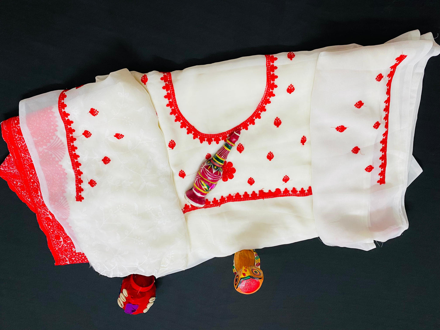 Chikankari Saree - Red & White