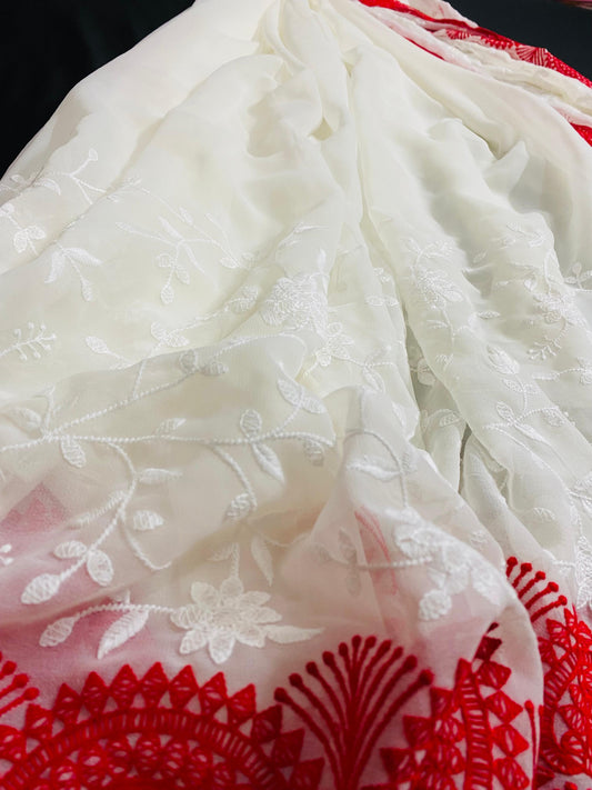Chikankari Saree - Red & White