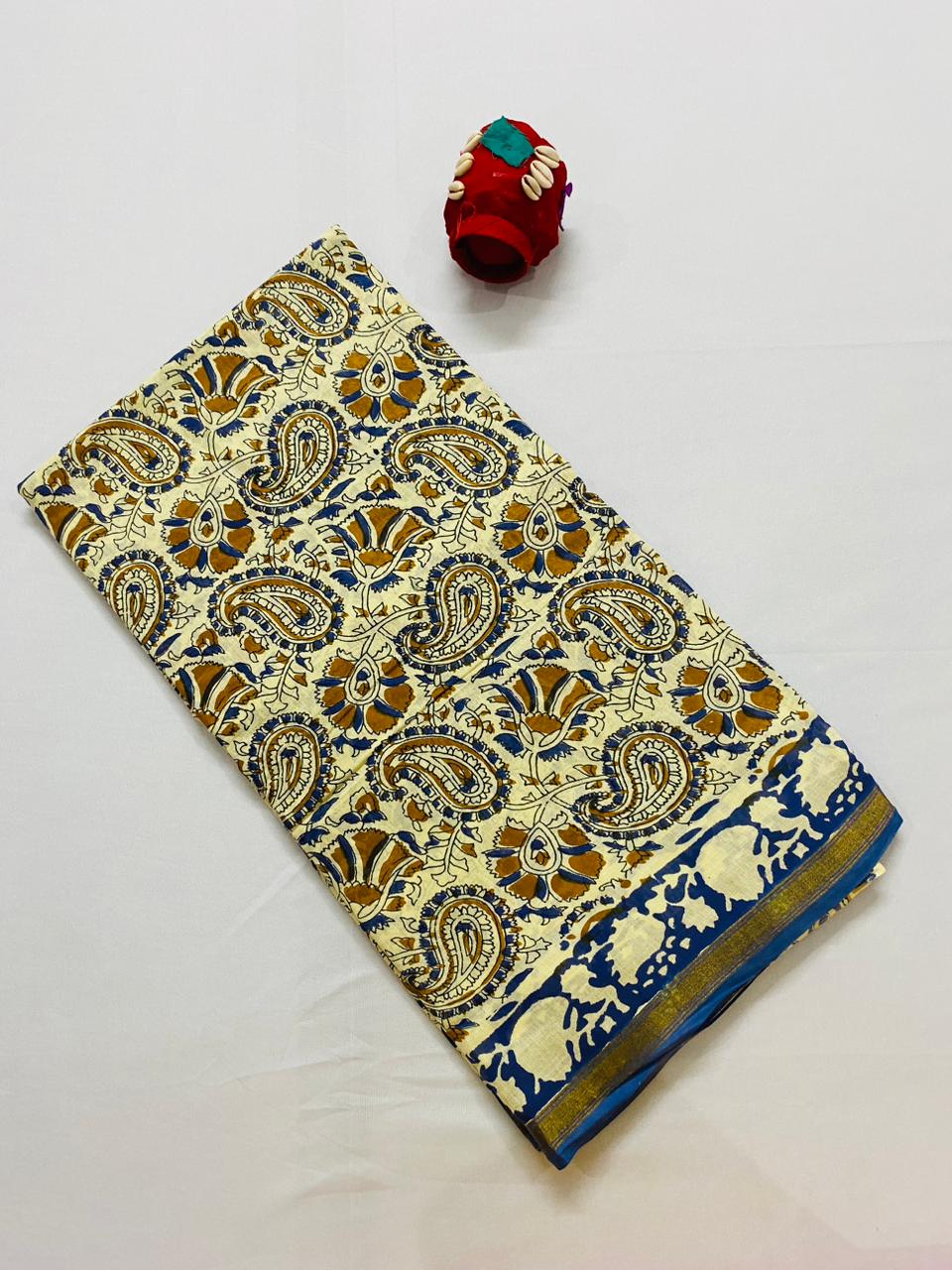 Dabu Handblock Print Mul Cotton Saree - Cream Colour