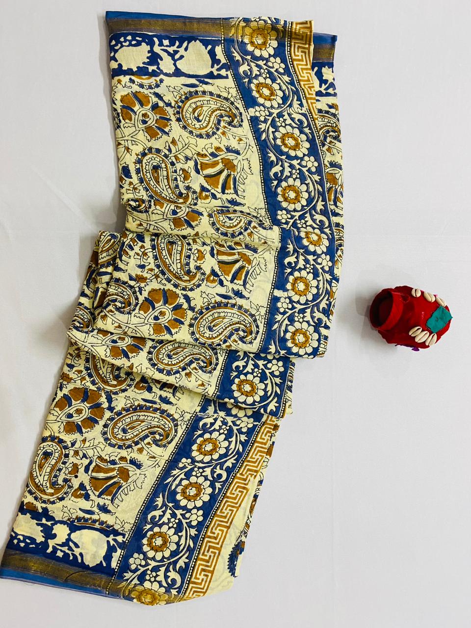 Dabu Handblock Print Mul Cotton Saree - Cream Colour