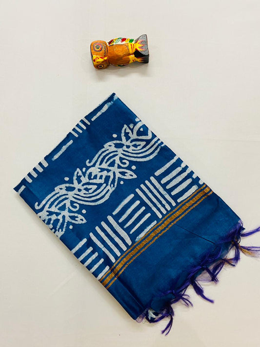 Semi Ghicha Tussar Batik Print Saree - Blue