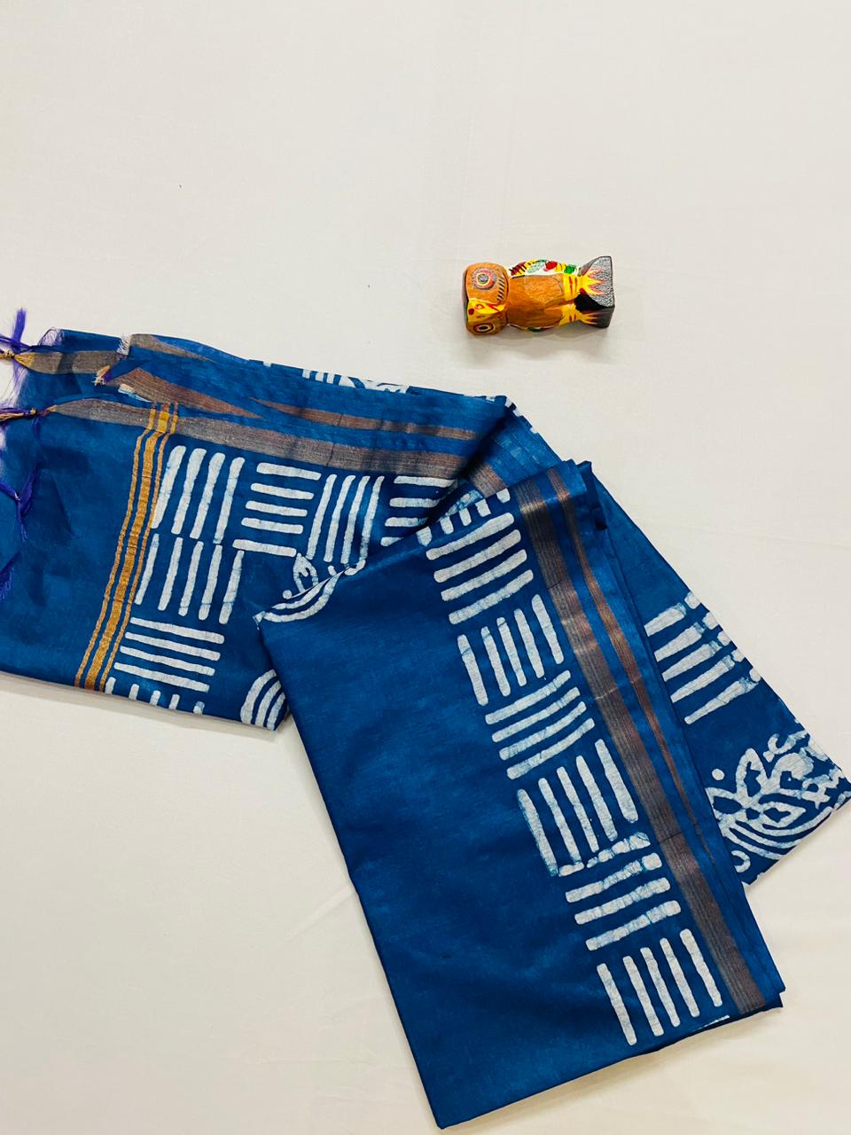 Semi Ghicha Tussar Batik Print Saree - Blue