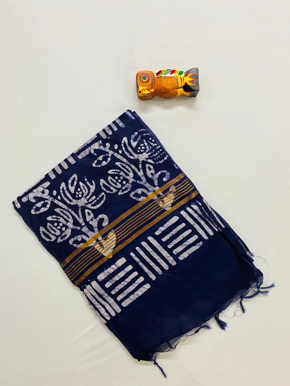 Semi Ghicha Tussar Batik Print Saree - Navy Blue