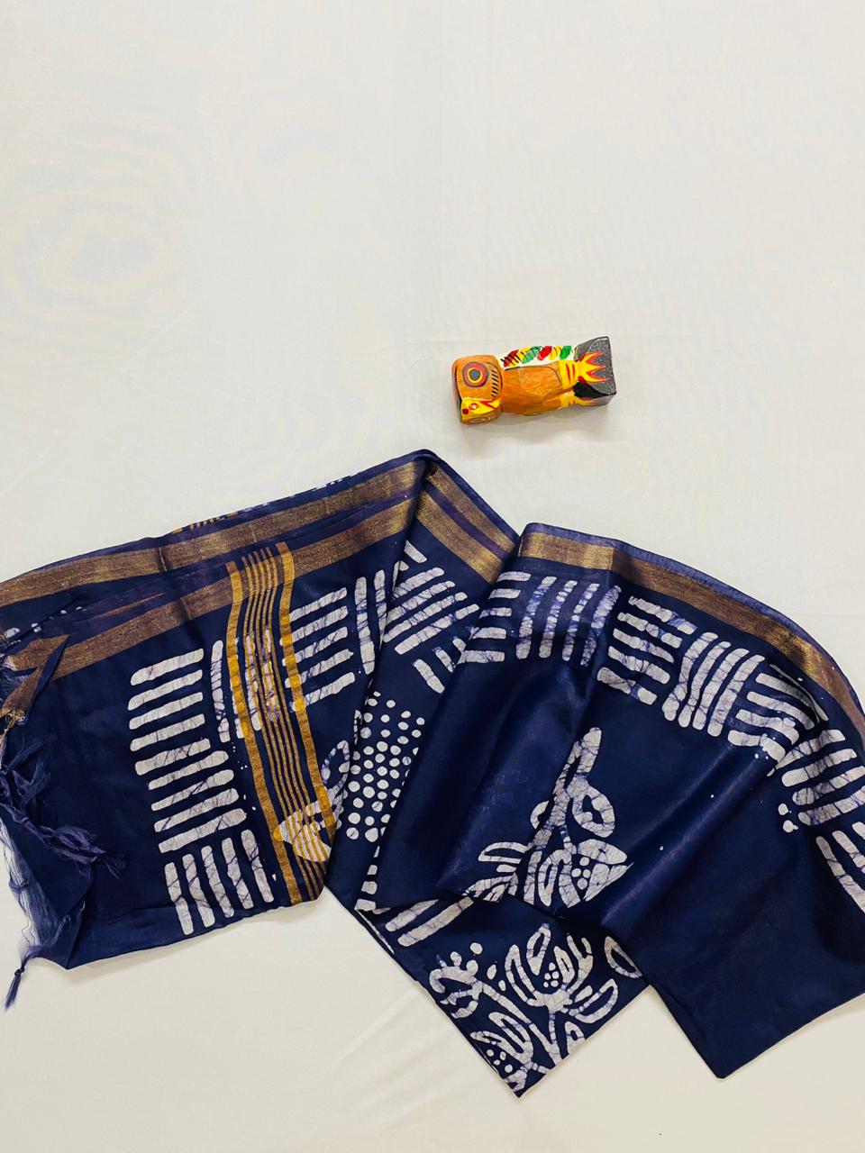 Semi Ghicha Tussar Batik Print Saree - Navy Blue