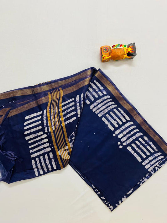 Semi Ghicha Tussar Batik Print Saree - Navy Blue