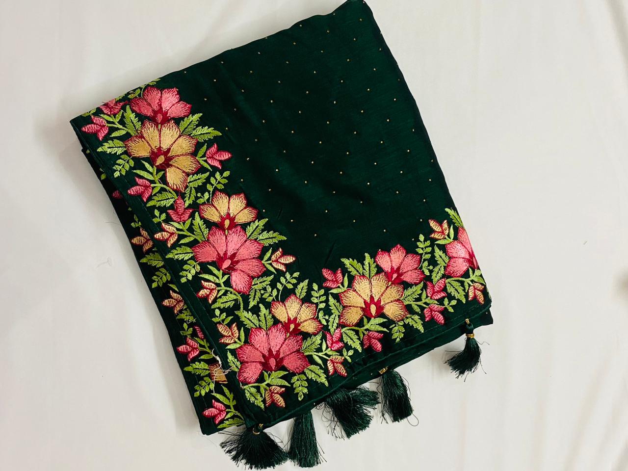 Vichitra Silk Saree: Bottle Green Colour