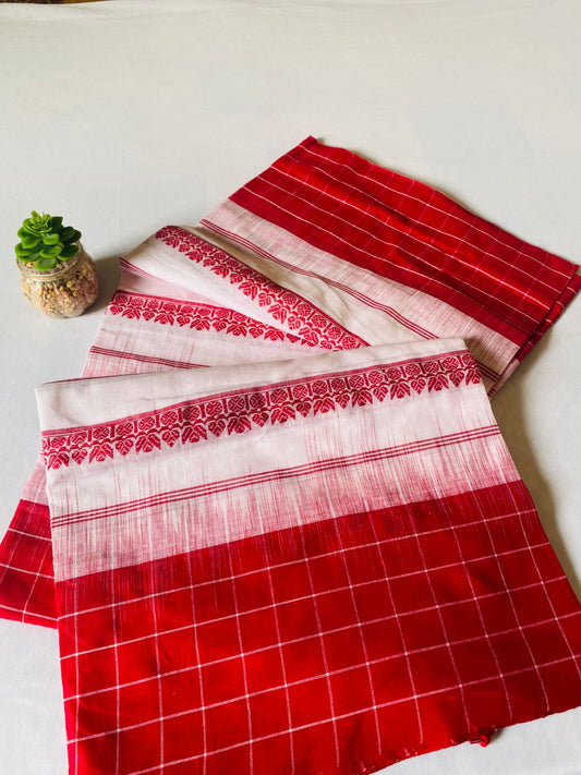 Dhaniakhali/Dhonekhali Cotton Saree – White & Red checks