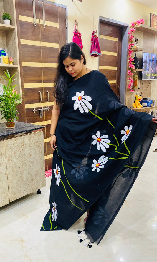 Gulbahaar: Daisy Handpainted Mul Cotton Saree (Black)