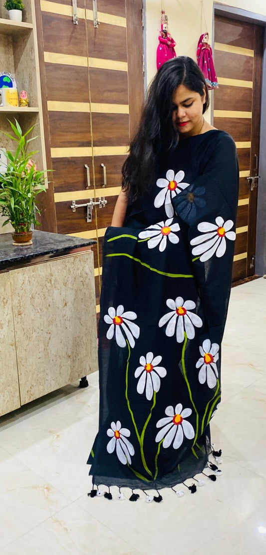 Gulbahaar: Daisy Handpainted Mul Cotton Saree (Black)