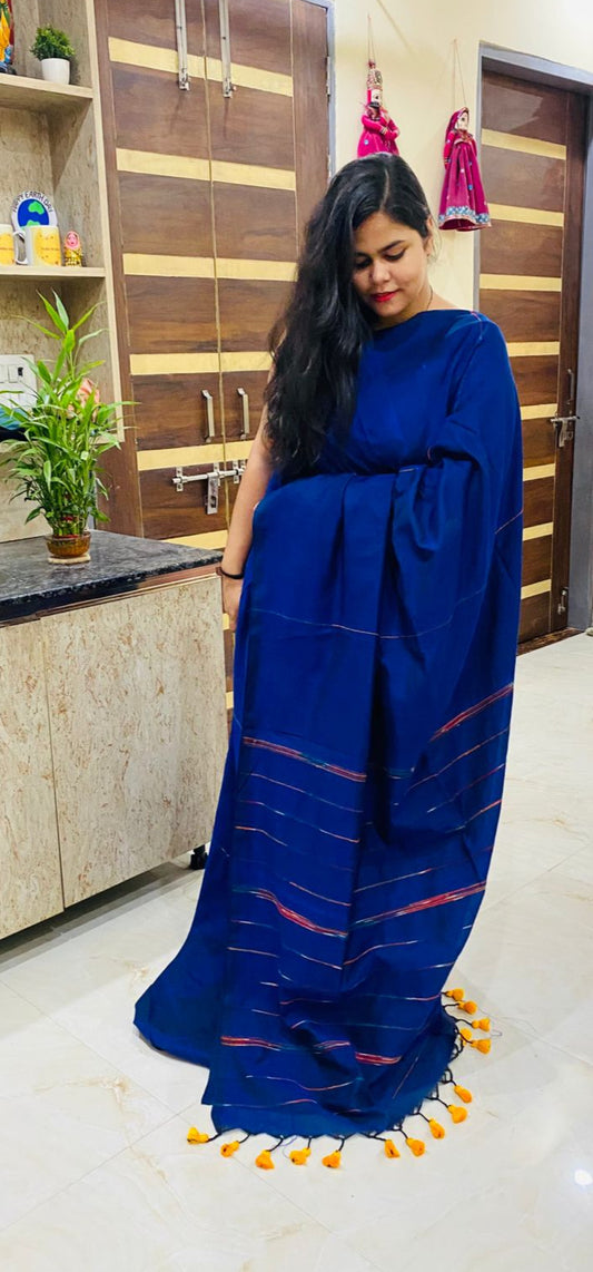 Khes Khadi Saree - Blue