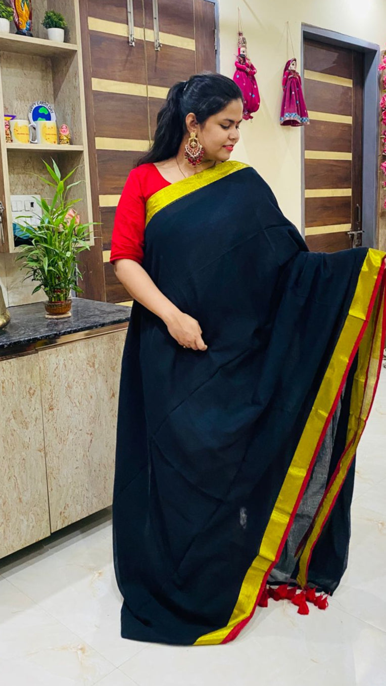 Mul Cotton Black Saree - Red & Golden Border