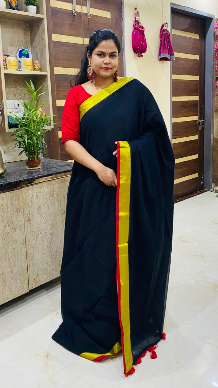 Mul Cotton Black Saree - Red & Golden Border