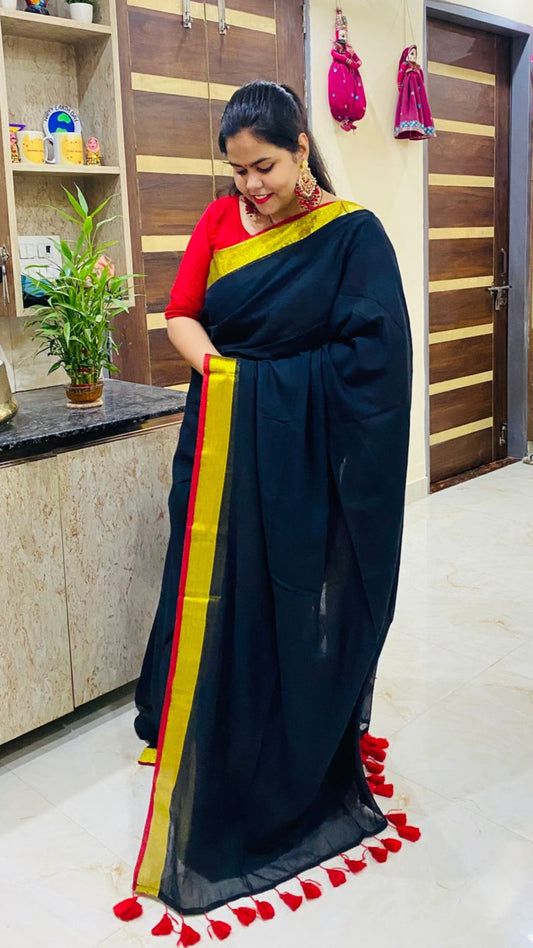 Mul Cotton Black Saree - Red & Golden Border
