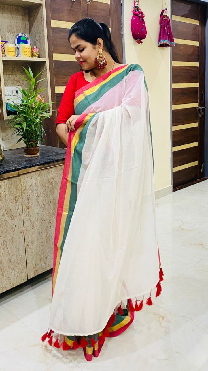 Mul Cotton Saree - Tricolour Border