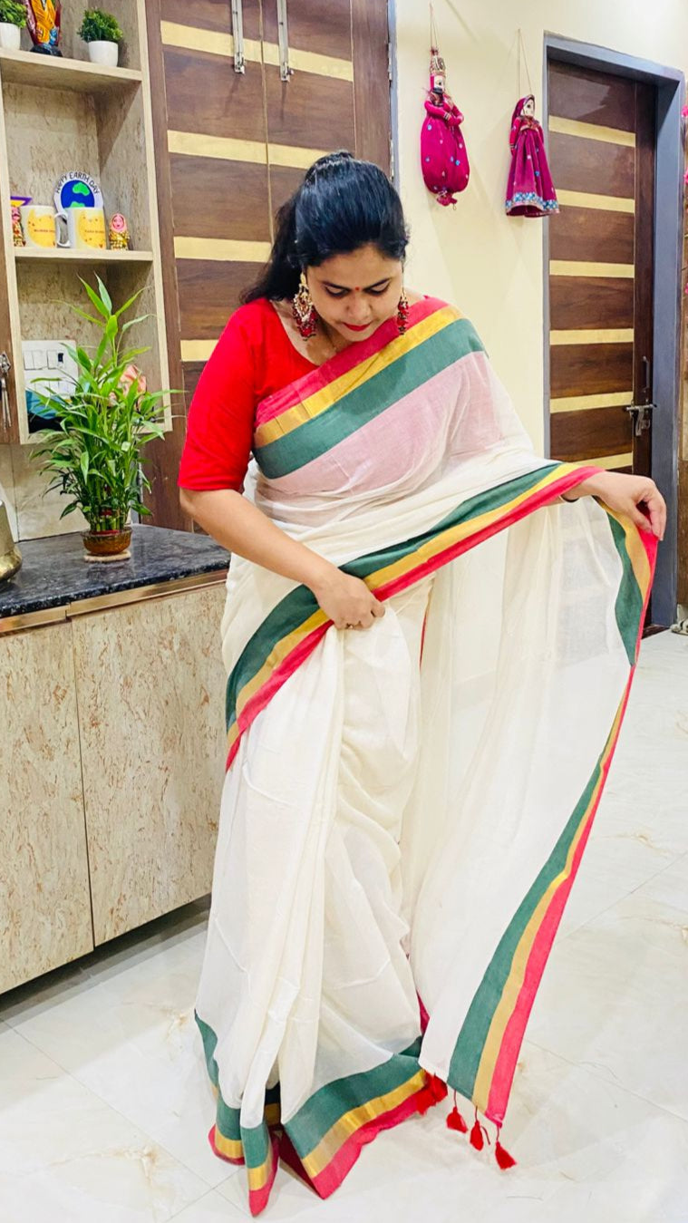 Mul Cotton Saree - Tricolour Border