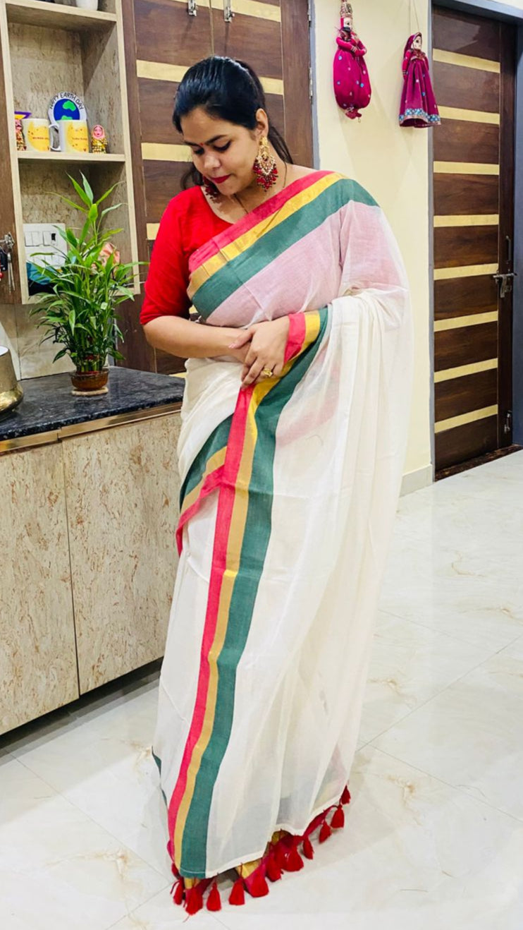 Mul Cotton Saree - Tricolour Border