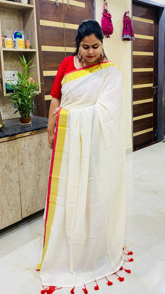 Mul Cotton Saree - Red & Golden Border