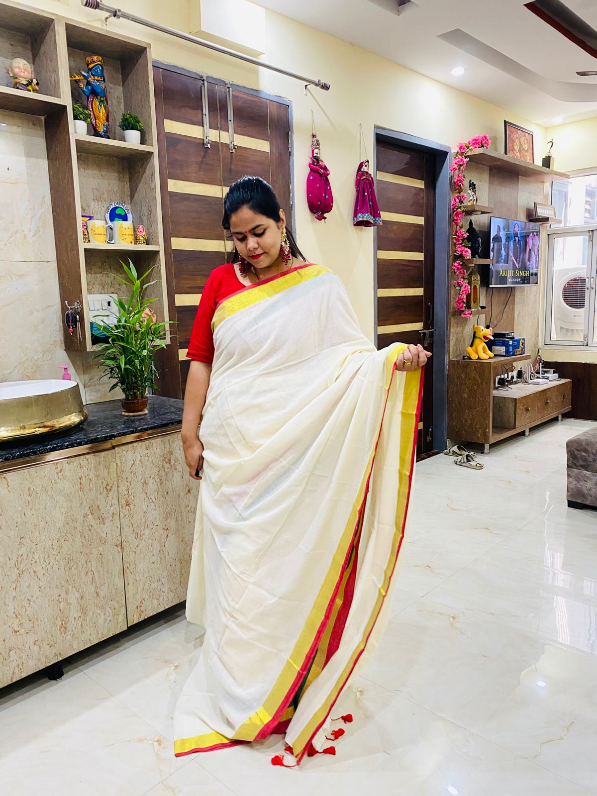 Mul Cotton Saree - Red & Golden Border