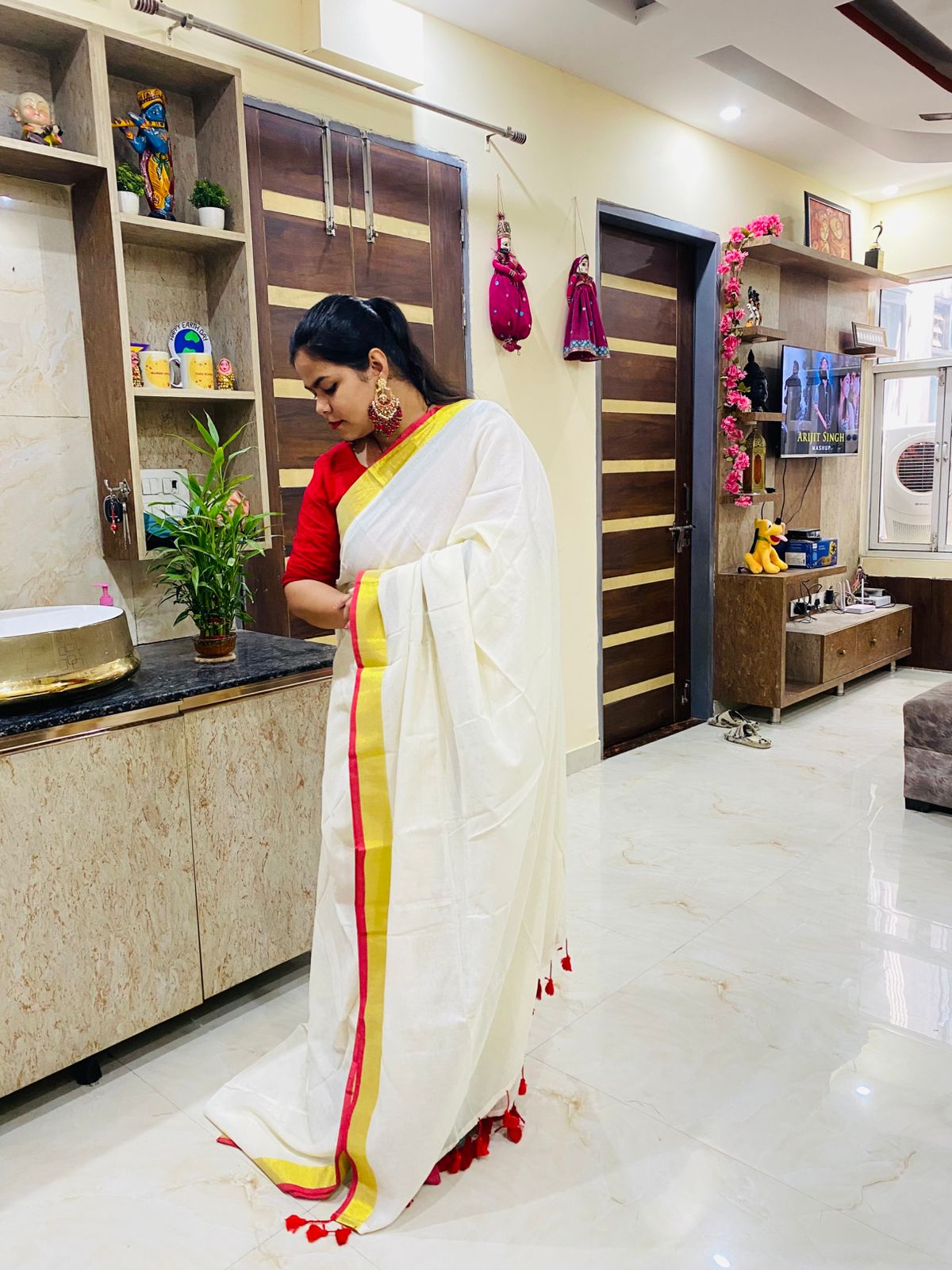 Mul Cotton Saree - Red & Golden Border