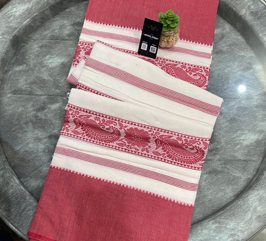 Dhaniakhali/Dhonekhali Cotton Saree – Flower Motif Red & White