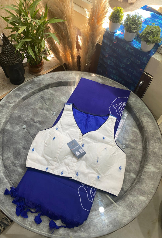 Indubala: Khadi Cotton Saree + Designer Kantha Stitch Blouse