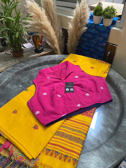 Jonaki: Assam Handloom Cotton Saree+ Collar Blouse