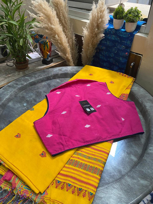 Jonaki: Assam Handloom Cotton Saree+ Collar Blouse