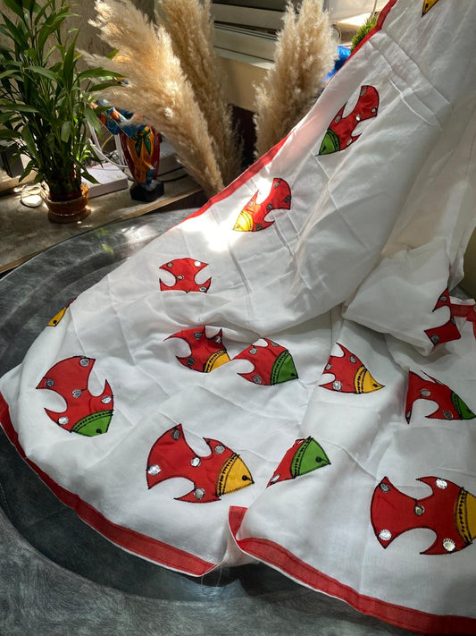 Resham Kota Applique Work Saree - Fish Motif
