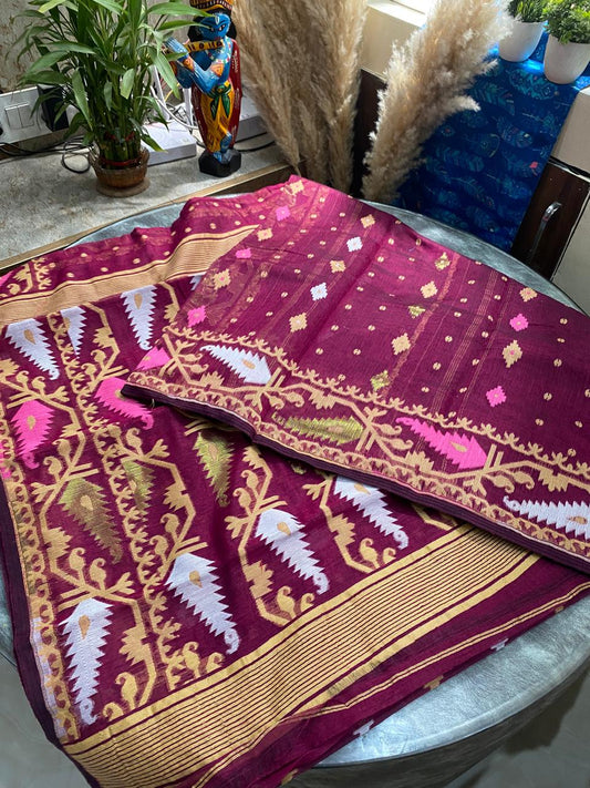 Wine Colour Jamdani Saree: Korat motif