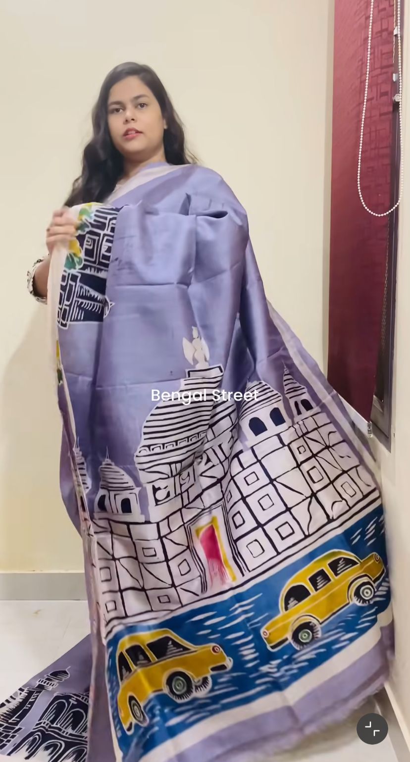 Pure Katan Silk Victoria Memorial Batik Print Saree - Light Grey