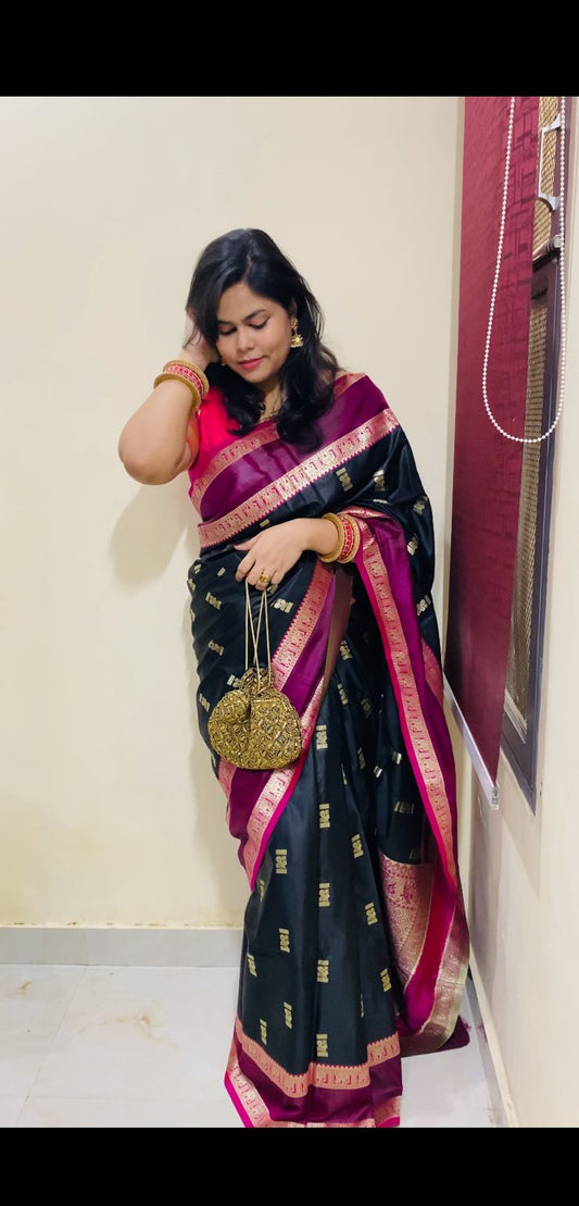 Traditional Blended Silk Saree - Pink & Black