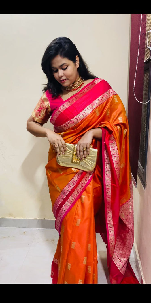 Traditional Blended Silk Saree - Pink & Orange