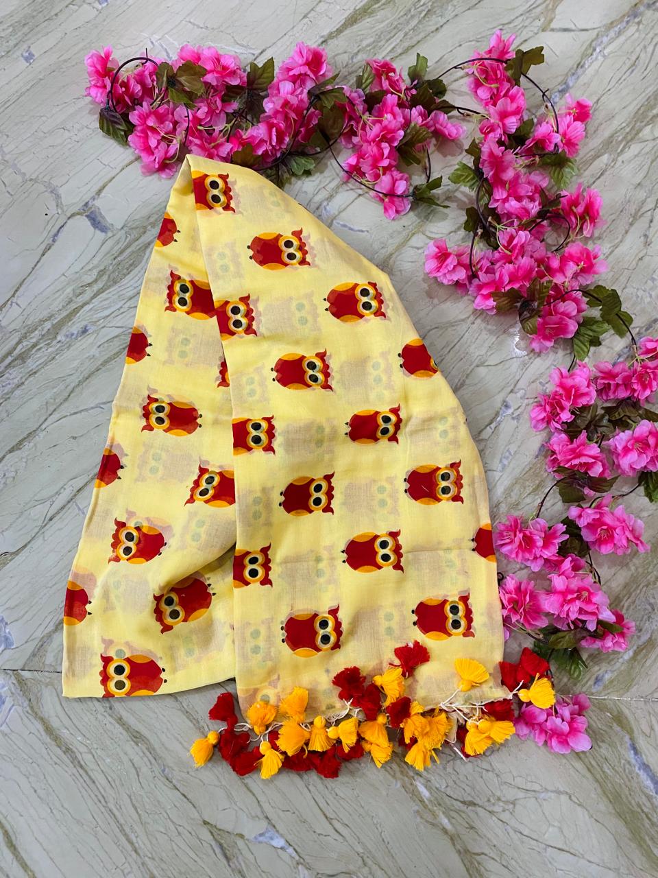 Owl Motif Mul Mul Cotton Saree- Yellow