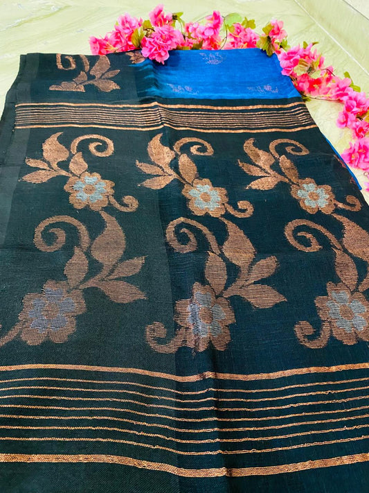 Pure Linen Ikkat Saree - Blue