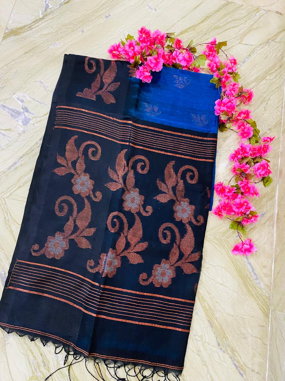 Pure Linen Ikkat Saree - Blue