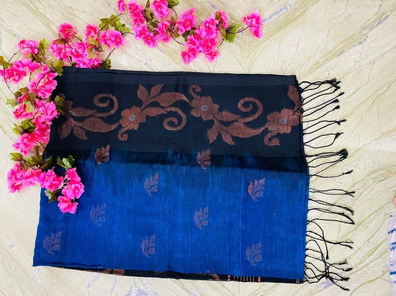 Pure Linen Ikkat Saree - Blue
