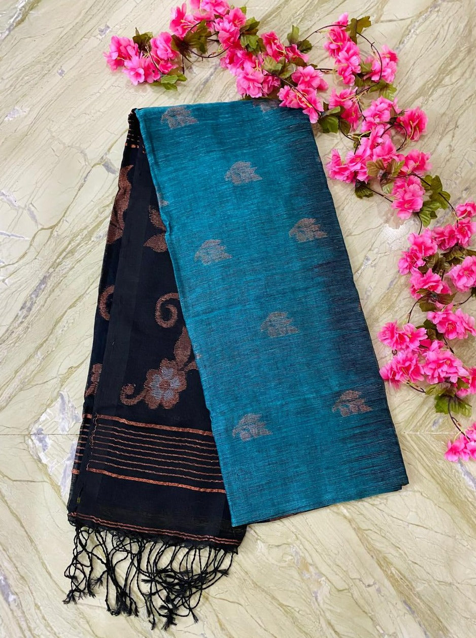 Pure Linen Ikkat Saree - Sea green