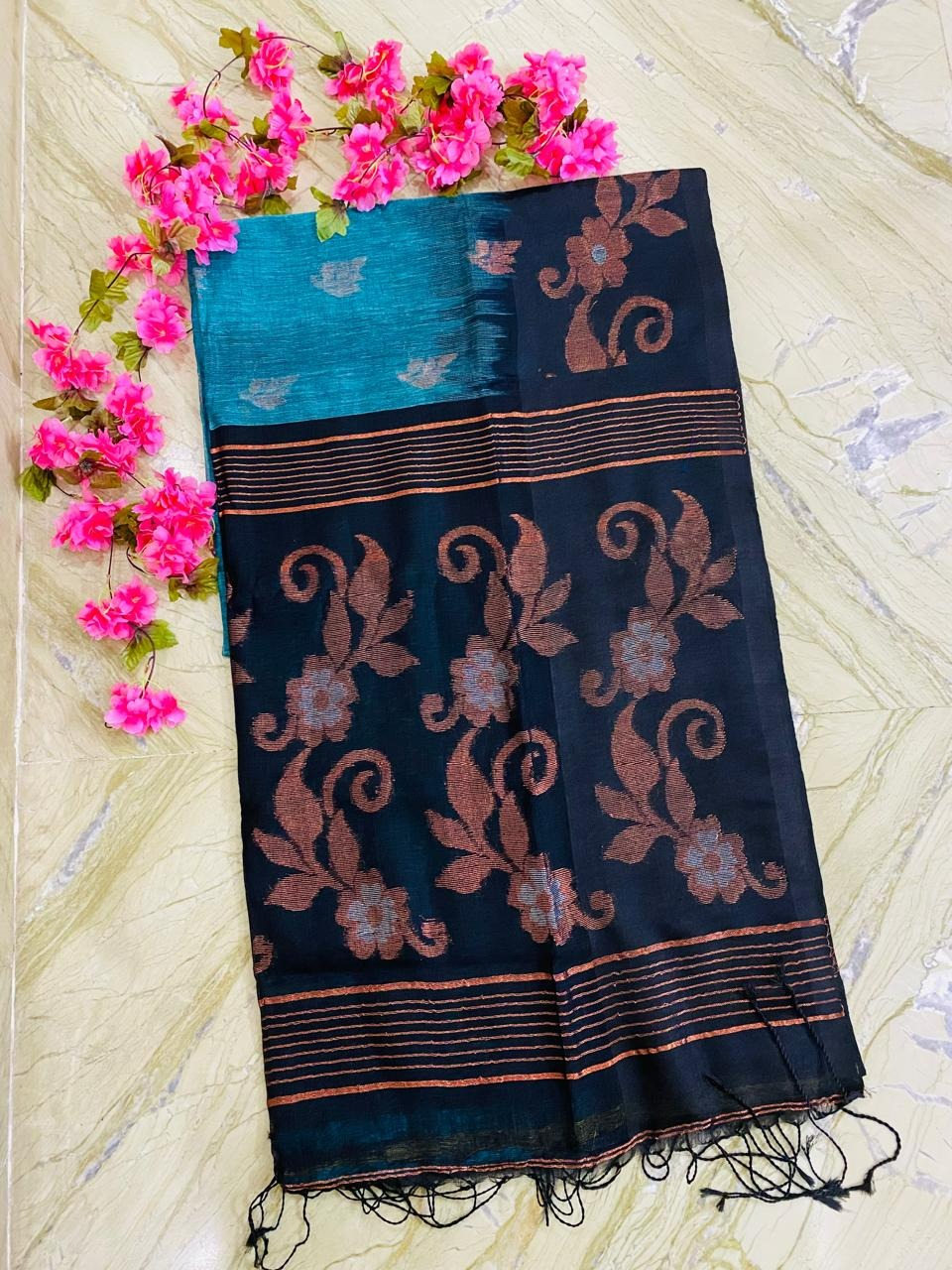 Pure Linen Ikkat Saree - Sea green