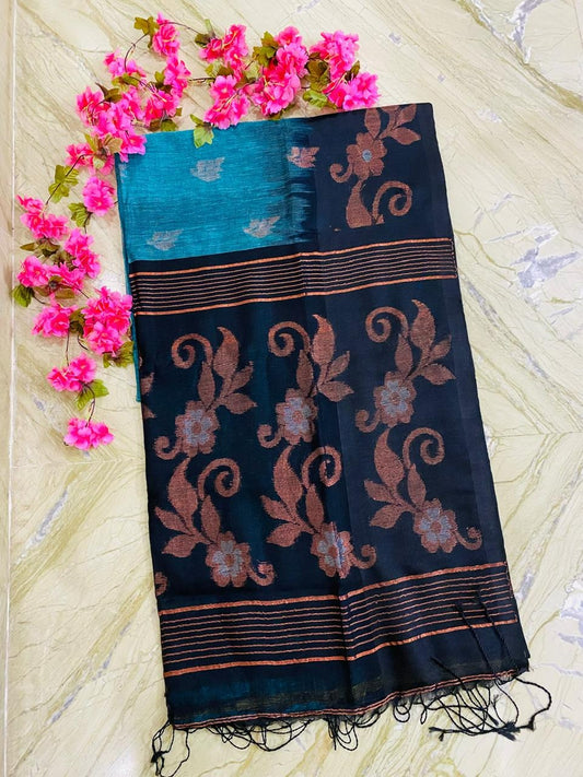 Pure Linen Ikkat Saree - Sea green