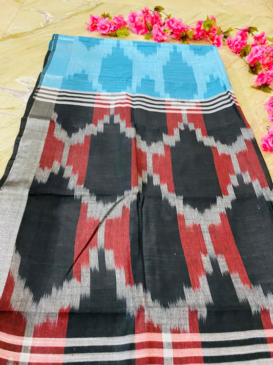 Slub Linen Ikkat Saree - Light Blue