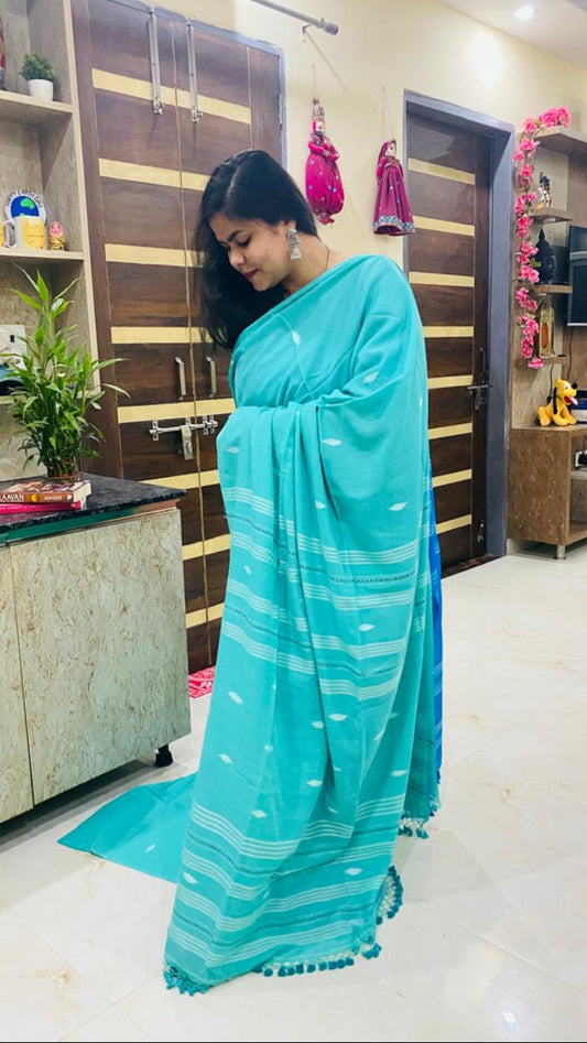 Mul Cotton Jamdani Saree - Turquoise